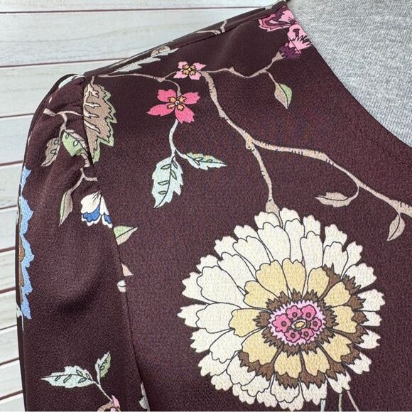 Vince Camuto Floral Puff Sleeve Button Front Blouse Brown Pink Small Wildflower - Picture 6 of 12